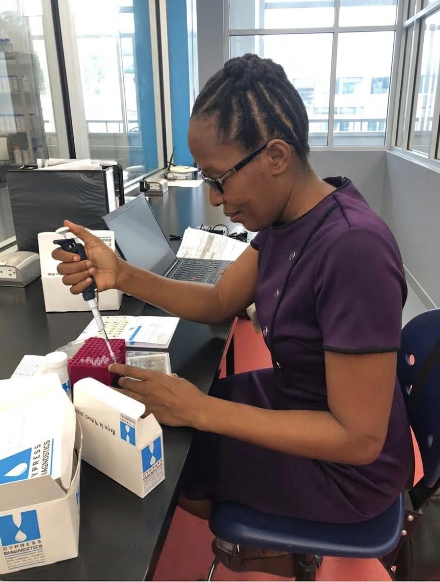 Clinic technician using a pipette in the lab